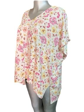 Oddy Linen Blend Floral V-Neck Top Pink/Yellow Dolman Sleeve Relaxed Fit Fairy L